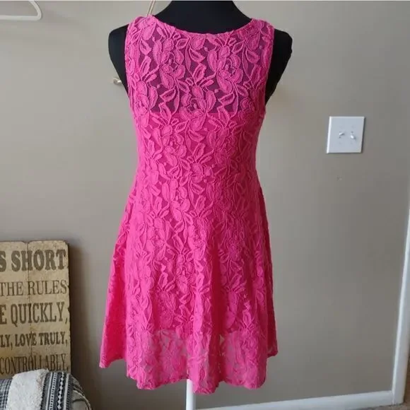 Free People Bright Pink Double Mini Dress with Detachable Lace Outer Dress No Sz - Picture 4 of 11